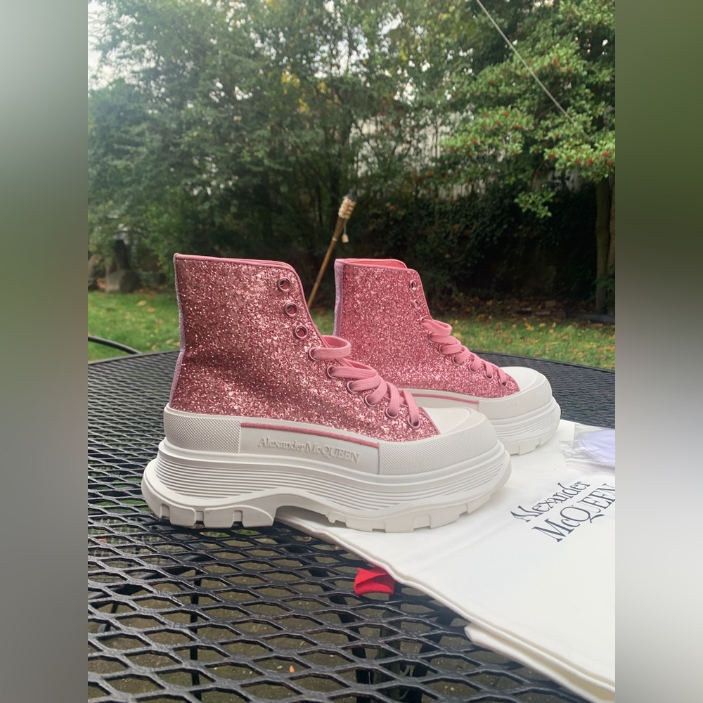 Alexander McQueen Pink Glitter Platform High-Top Sneakers
